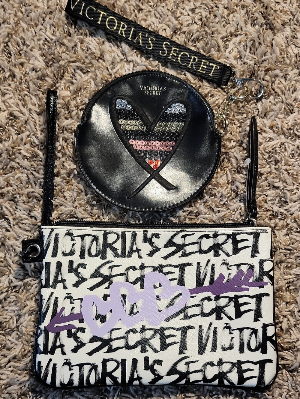 Victoria's Secret Black Sequin Heart Wristlet Set
